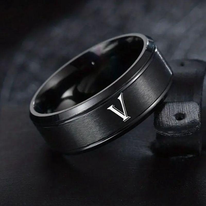 1pc Fashion 26 English Letters Ring With Double Beveled Edges, Men's Stainless Steel Ring