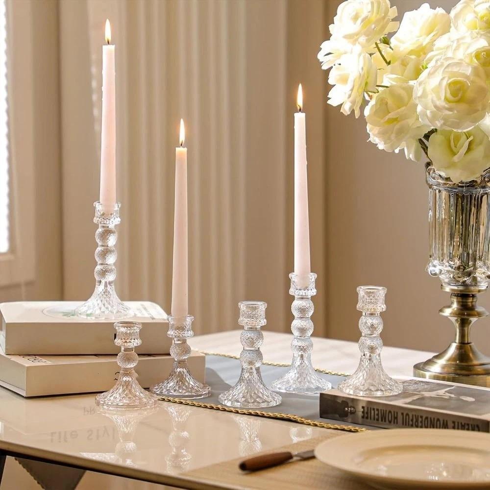 Vintage Glass Candle Holder Transparent Romantic Roman Column Candlestick Non-slip Thicken Simple Candles Stand