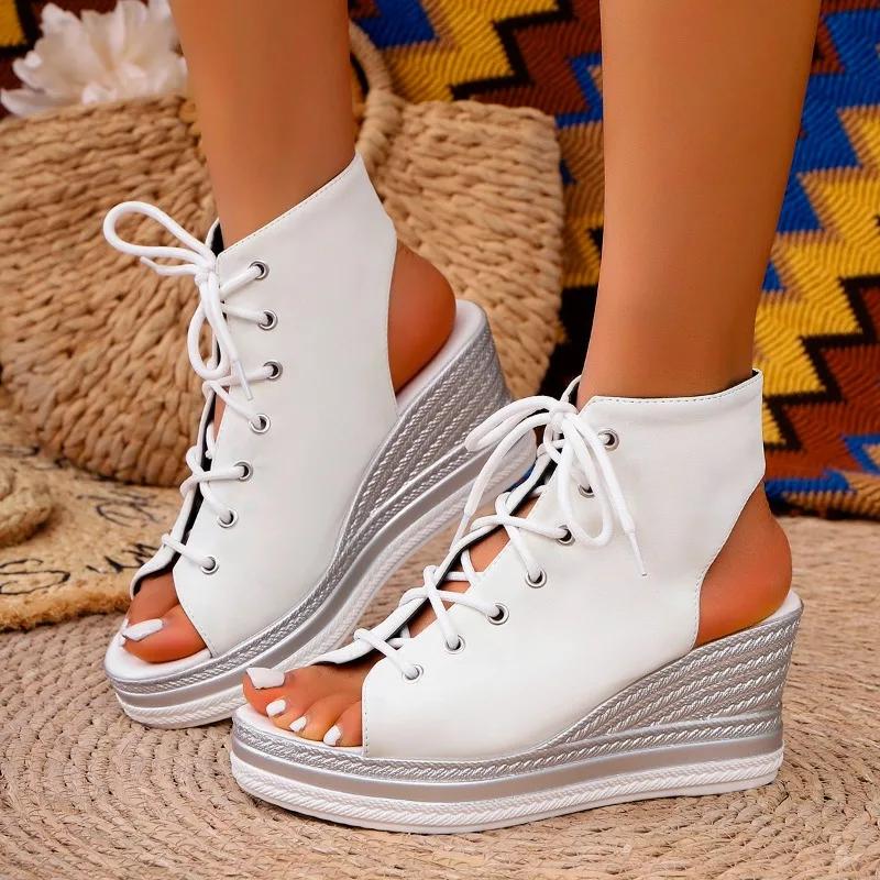 Fashion Wedge Sandals Women Summer New Round Toe Open Toe Front Strappy Platform Non-Slip Wear-Resistant Back Empty Heels Shoes