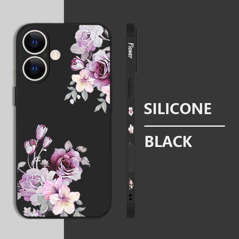 Carcasă rezistentă la șocuri cu model floral violet pentru iPhone 16 Pro Max 15 Pro 14 13 12 Mini 11 XS XR 8 7 Lanyard TPU Lens Protection Matte Soft Phone Cover