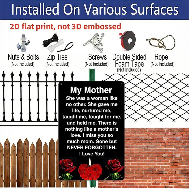 2D Flat Memorial Metal Sign for Mom, "My Mother Gone But Never Forgotten" Quote, 8×12 Inch Aluminum Wall Art, Red Rose & Candle Design, Durable