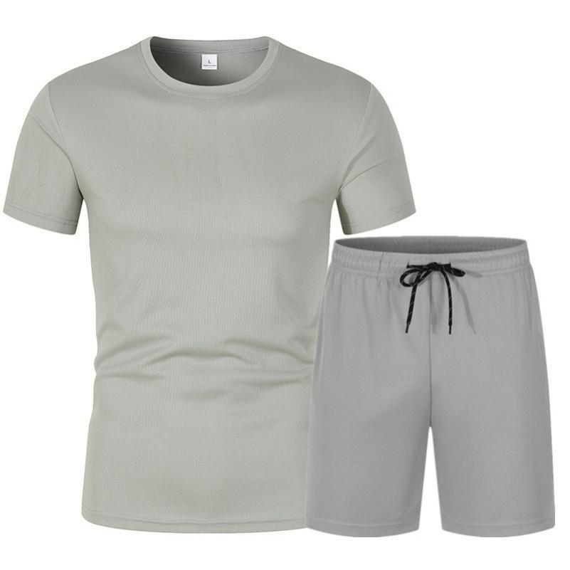 Mesh Short-sleeved Suit Summer Men's 2-piece Breathable Jersey T-shirt Sports Five-point Shorts Solid Color Casual Suit