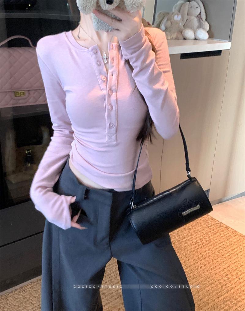 Schlankes Pullover-T-Shirt im koreanischen Stil mit Henry-Kragen und langen Ärmeln für Damen - Vielseitiges Basic-Shirt für Herbst und Winter