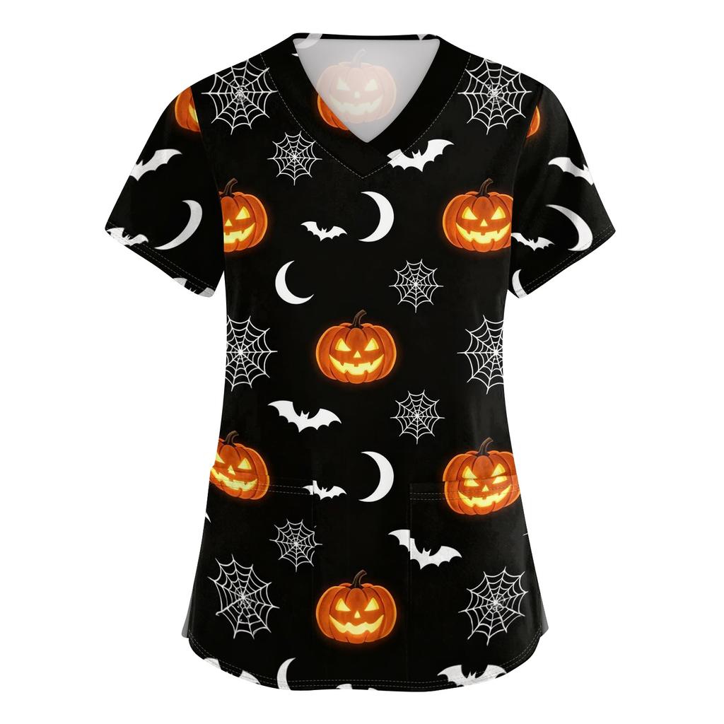 Women V Neck Halloween Print Short Sleeve Medical Scrub Top with Pocket Side Slit Design Comfortable Fit Workwear