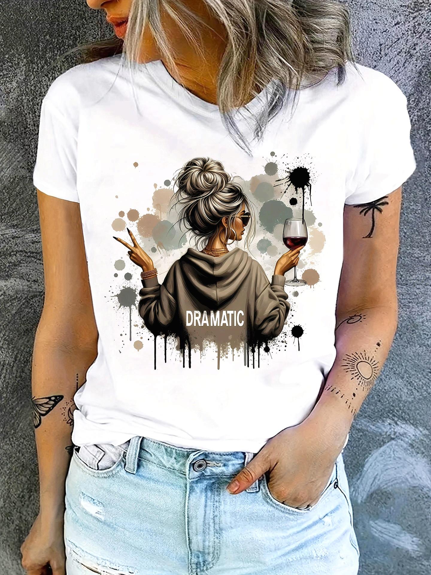 Girl with messy bun sunglasses wine glass T-shirt M