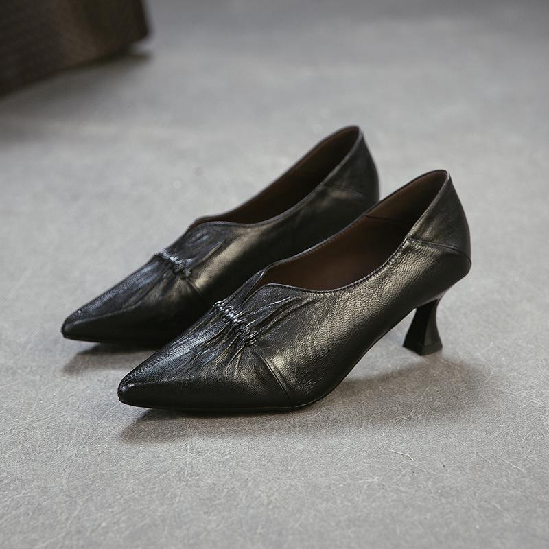 Johnature British Style Genuine Leather Pleated High Heels Elegance Commuting Versatile Women's Shoes