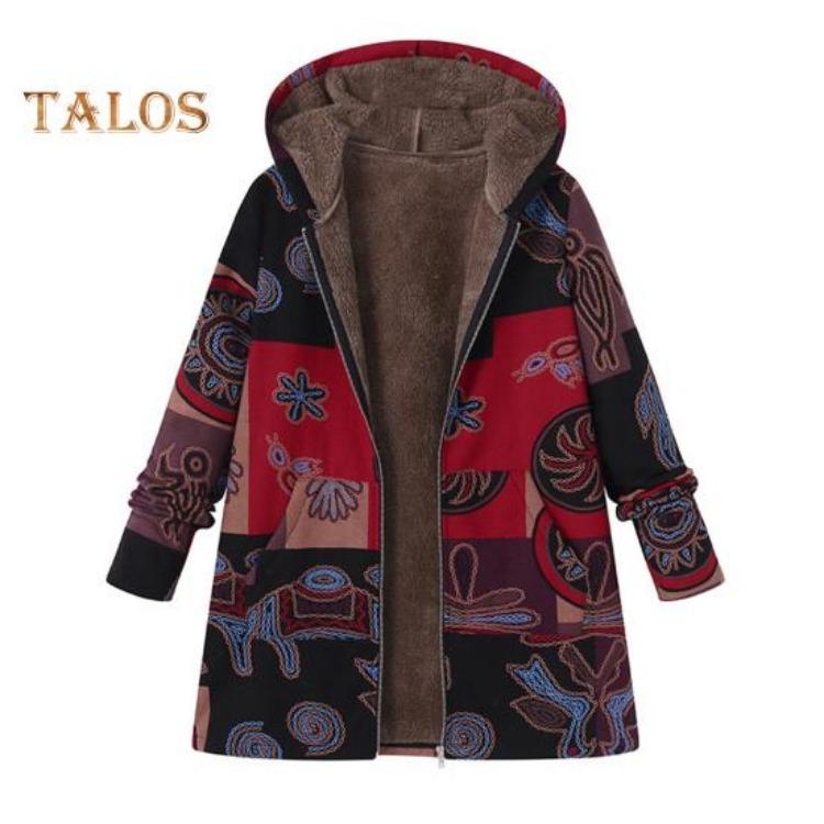 Women Winter Coat Retro Floral Print Zip Up Hooded Jacket Mid Length Plush Thick Warm Pockets Long Sleeves Daily Leisure Wear