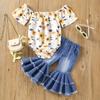 Infant Baby Girls 2 Pieces Outfits, Floral Print Boat-Neck Off-Shoulder Short Sleeve Rompers + Flare Pants Set