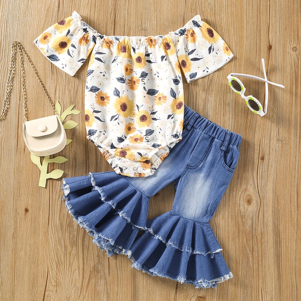 Infant Baby Girls 2 Pieces Outfits, Floral Print Boat-Neck Off-Shoulder Short Sleeve Rompers + Flare Pants Set