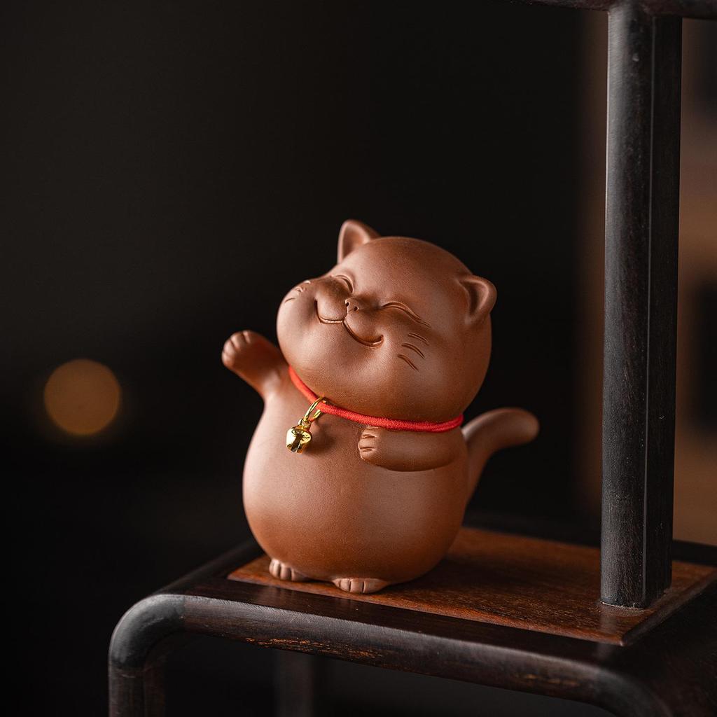 Charming Lucky Cat Purple Clay Tea Pet for Home or Office Decor