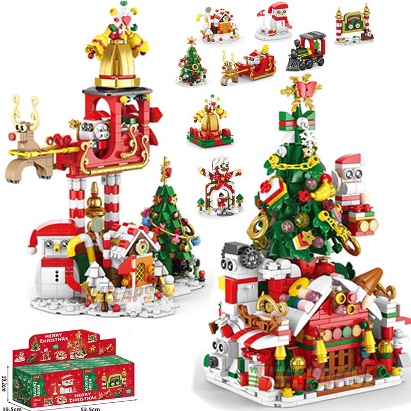 DIY 8in1 Lights Christmas Elk Deer Santa Claus Train Architecture Store Street View Xmas Tree Snow House Building Block Kit Toy