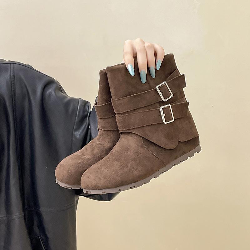 Retro European and American style double buckle with buckle western short boots women's autumn and winter fashion suede versatile short boots fashion