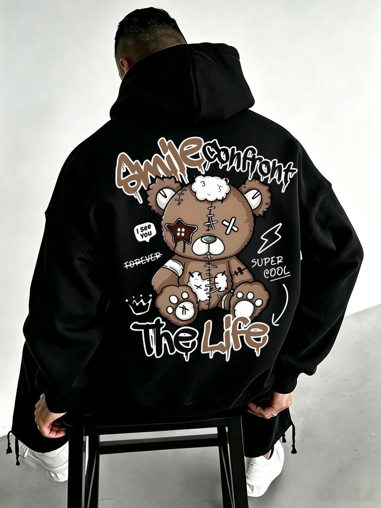 American Style Trendy Patched Stuffed Bear Sweatshirt with Back Print and Hooded Casual T-shirt for Both Men and Women