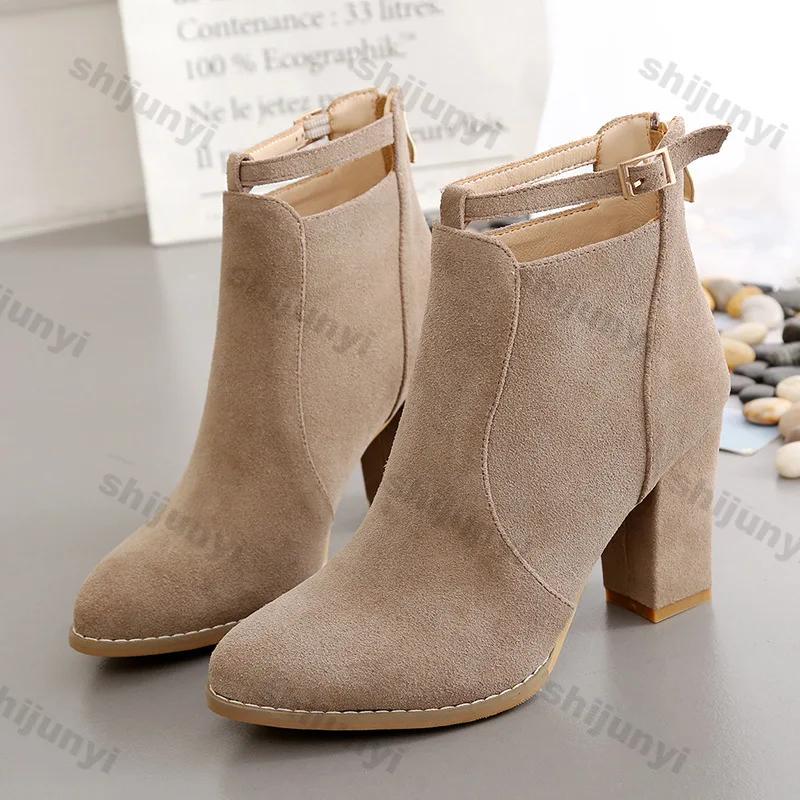 Fashion Woman Suede High Heel Ankle Boots British Style Fashion Thick Heel Pointed Back Zipper Boots Women Square Heeled Short Booties
