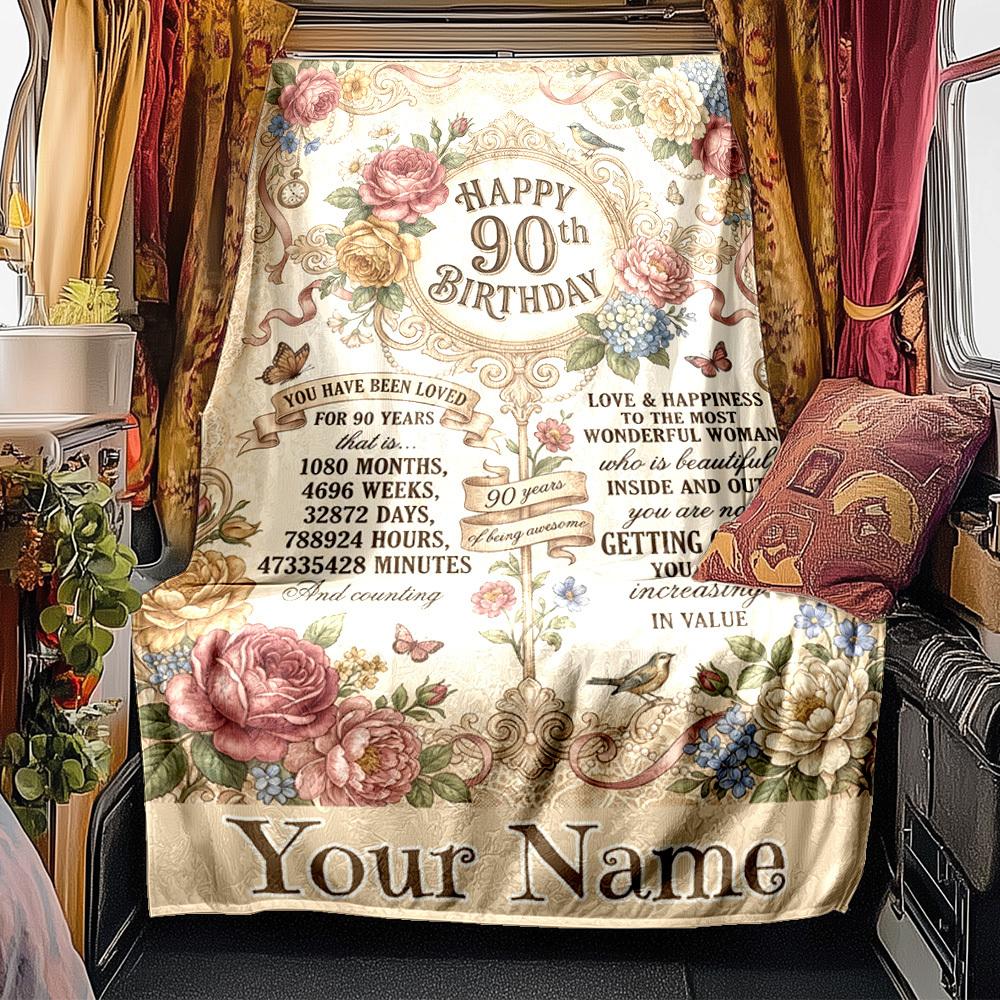 Elegant 90Th Birthday Celebration Poster Design Blanket Personalized Name Soft Comfortable Stylish Blanket Car Blanket Perfect For Travel Camping