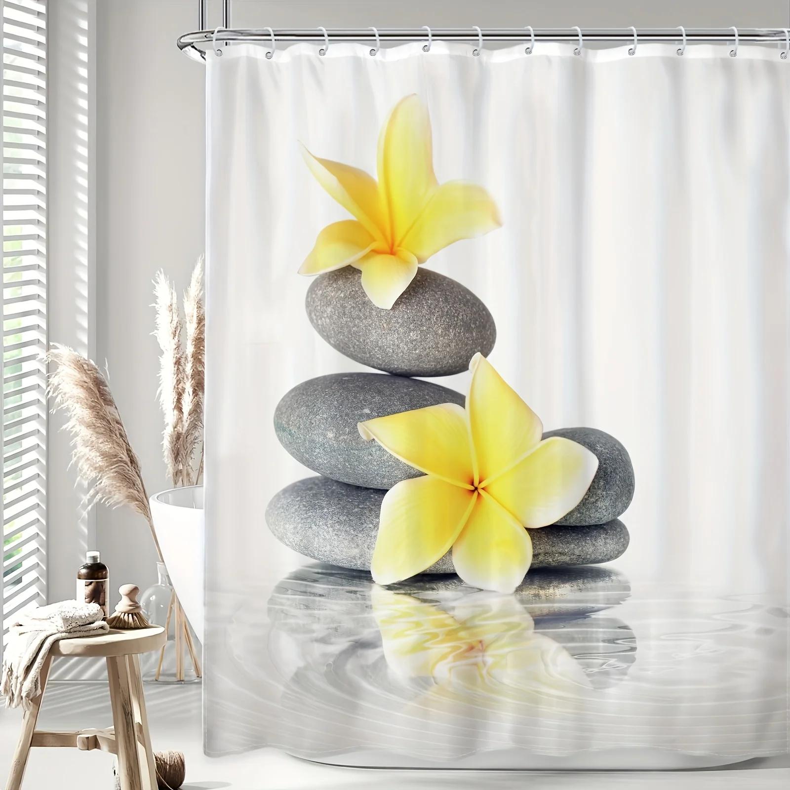 

1Pc Zen Stones Shower Curtain - Yellow Floral Oriental Design, 12 Hooks, 60Wx72H , Spa & Meditation Bathroom Decor W60H190(CM)-1 Pcs