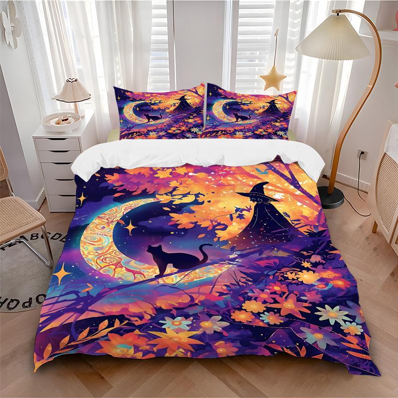 

3pc Moon Witch Cat Cover Set - 1 Quilt Cover + 2 Pillowcases, All Seasons Bedroom Setting, Perfect for Home004 135x200cm