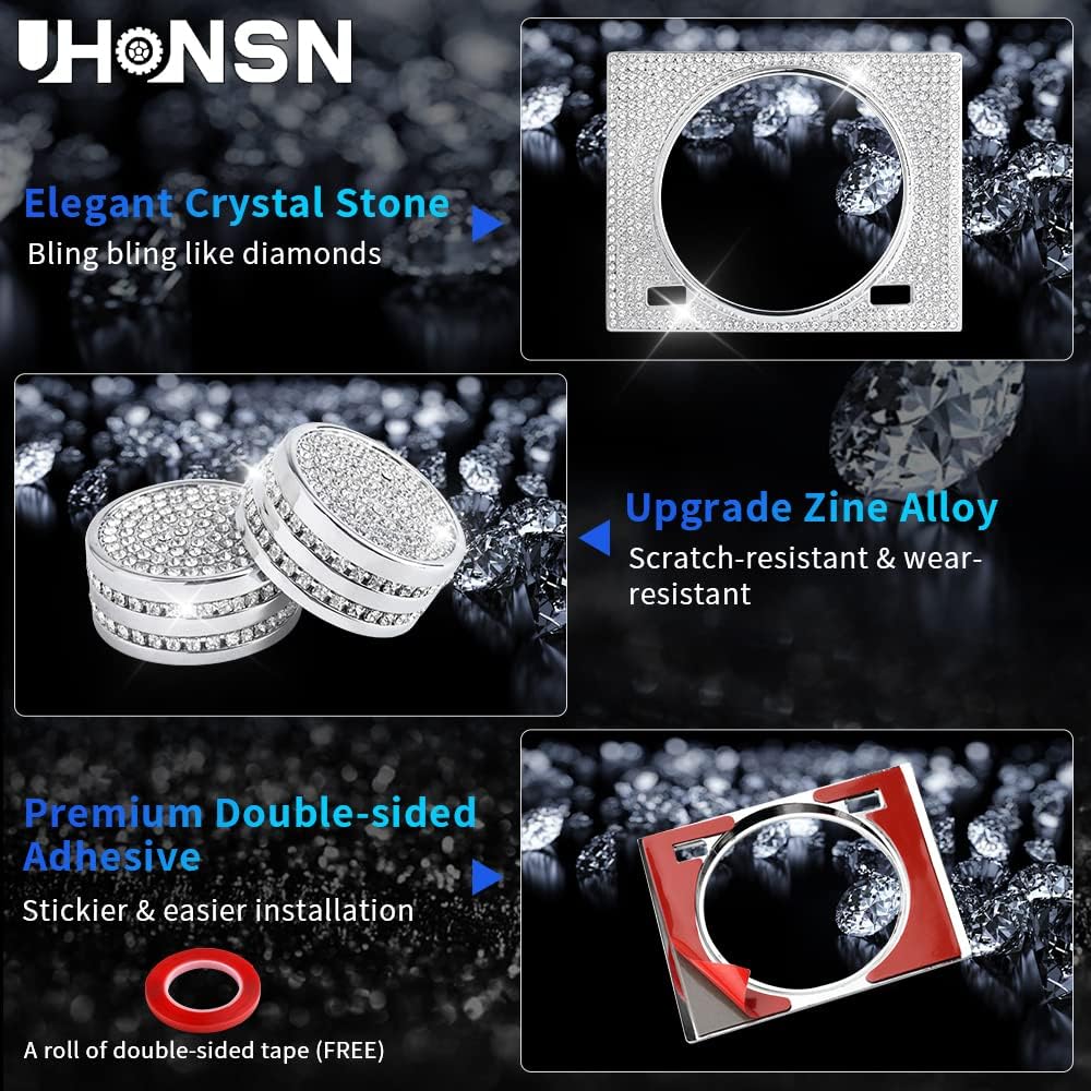 UHONSN 3Pcs Car Interior Accessories for Lexus RX Bling Volume Knob Cap Clock Frame Cover Sticker Decoration Parts Decals Women Men Silver Crystal