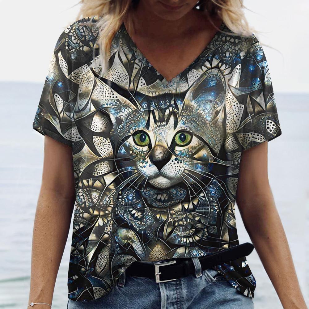 Hot V-neck T-shirt Street Style Y2K Clothing Women's Summer Casual Loose Colorful Cat 3D Printed Short Sleeve Top Retro Style