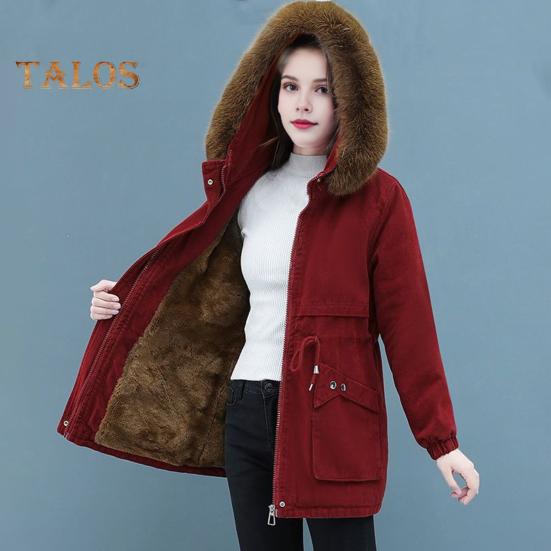Winter Women Cotton Jacket with Furry Hood with Double Pockets Drawstring Waist Mid Length Zipper Closure Coat Solid Color Windproof Outwear Parka