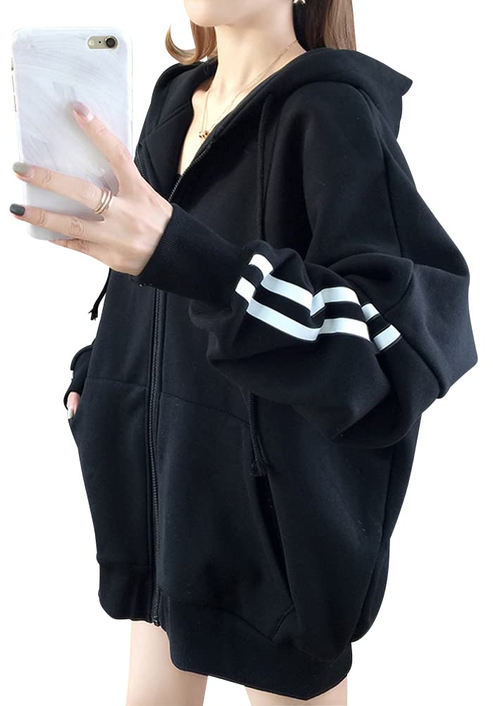 Oversized Loose Loungewear for [Ressh.N] Women's Hoodie, Fit, Zip-Up Fall/Winter (JP, Alphabet, 2XL, Standard, Black)