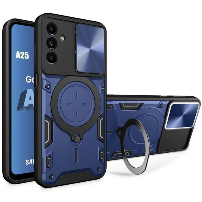 Coque pour Samsung Galaxy A25 5G, Protection Antichoc en PC avec Support Rotatif Métal et Protection Caméra, Bleu Marine