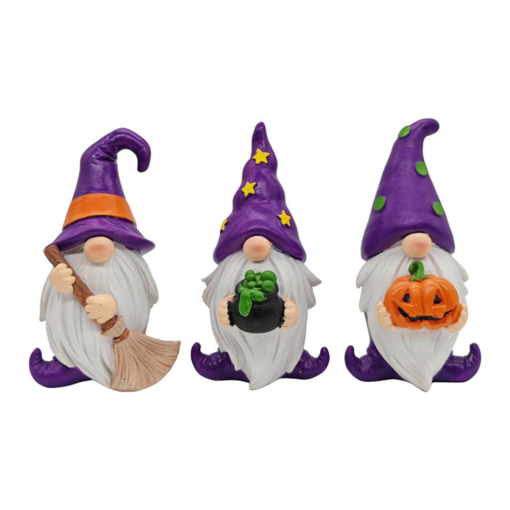 Halloween Gnome Statue Set of 3 Resin Figurines with Witch Hats and Seasonal Accessories for Indoor Outdoor Decor