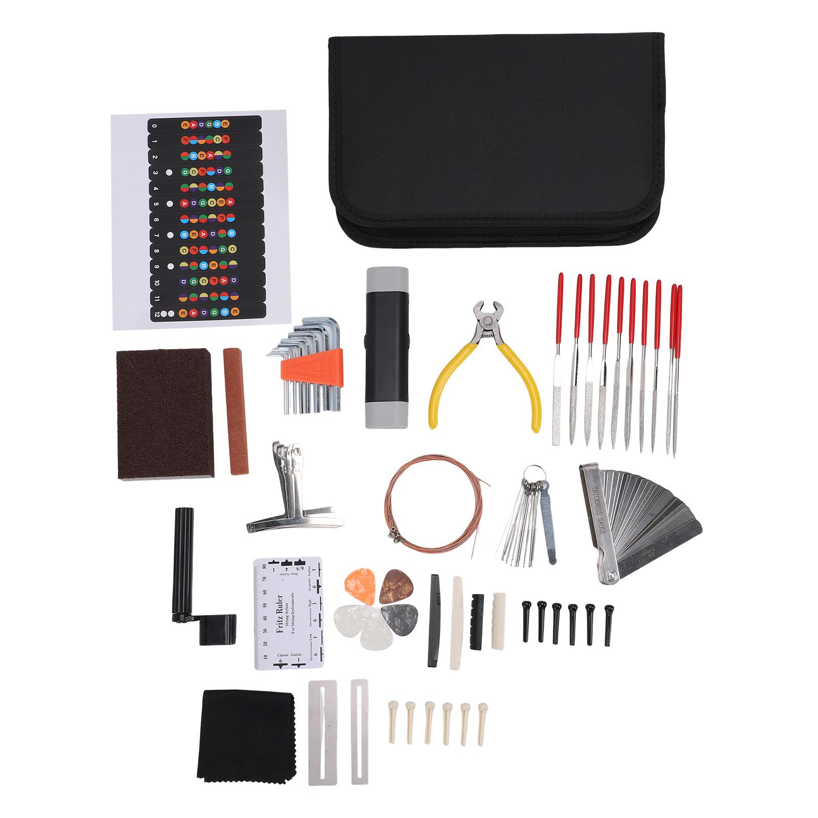 

72Pcs Guitar Repair Tool Kit with Strings Picks Storage Case String Guard Pen Bridge Pins Nut Files Hex Wrenches for Guitar чёрный