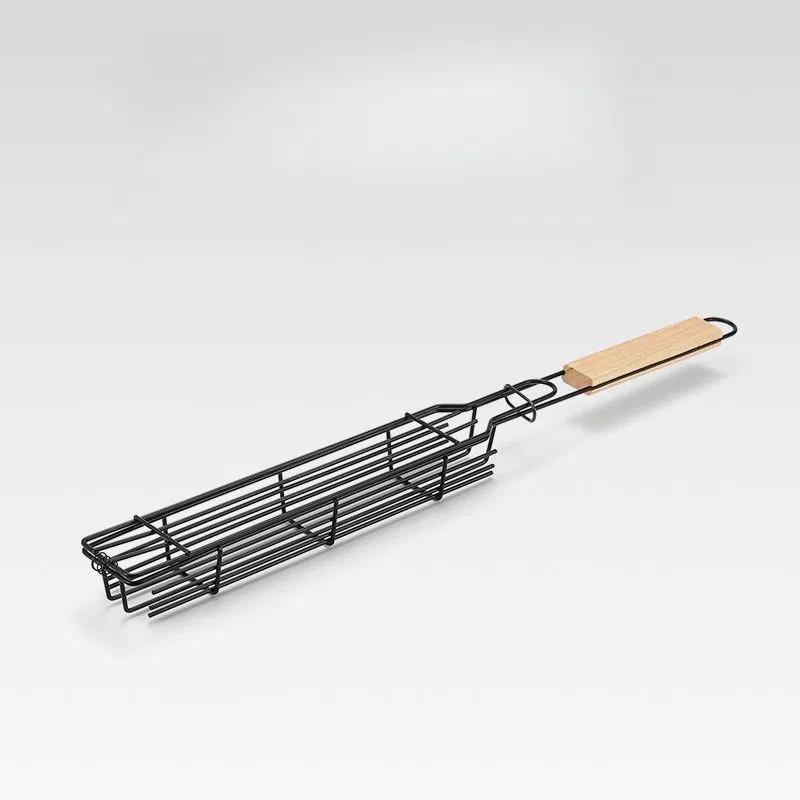 

Wooden Handle BBQ Grill Cage for Outdoor Camping Meat Vegetable Roasting Picnic Charcoal Sausage Skewer
