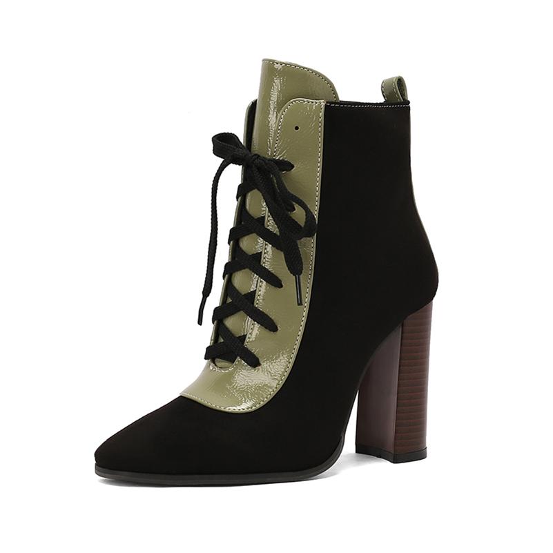 

ANNYMOLI Women Ankle Boots Round Toe Thick High Heels Lace-up Mixed Colors Zipper Short Boots Ladies Fashion Shoes Autumn Winter 46 39 зелений