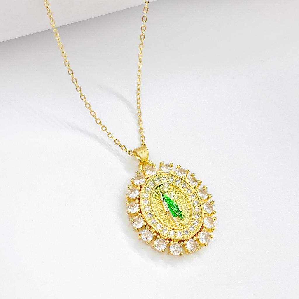 Virgin Mary St. Jude Prayer Shining Rhinestone Pendant Necklaces Gold color Women/Men Religious Neck Jewelry for Daily Wear