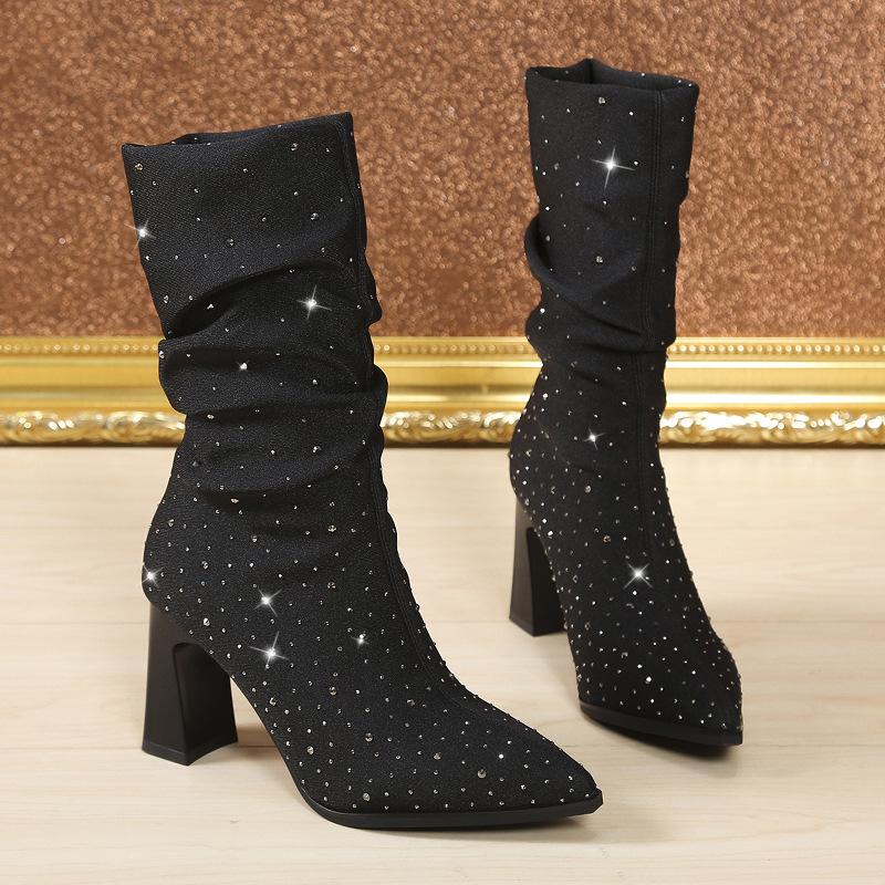 

Full Diamond Fashion Stacking Socks High Heel Single Boots 2025 Autumn and Winter Pointed Rhinestone Shining Folded Medium Tube Skinny Women s Boots 34