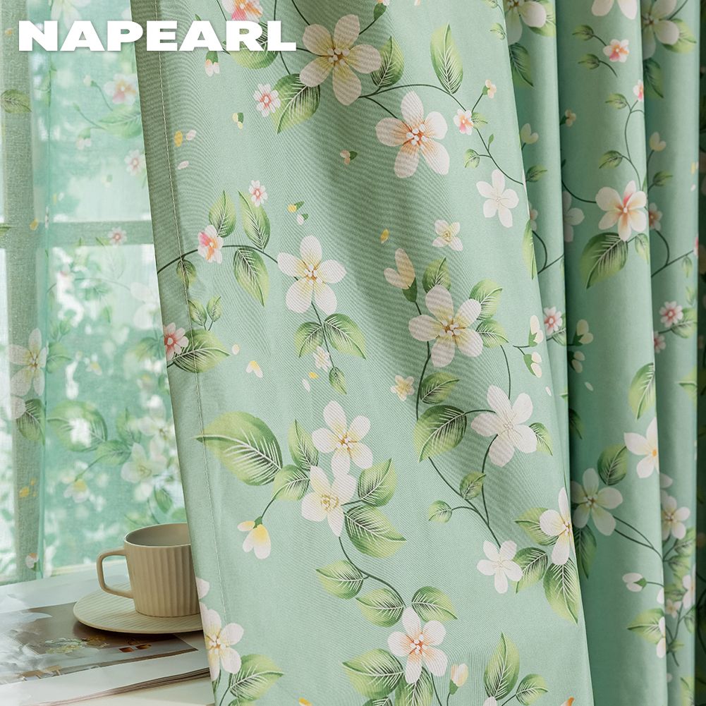 1 STÜCK NAPEARL Ländlicher Stil Sommer Grün Blumenmuster Vorhänge Vollverdunkelungsvorhänge für Schlafzimmer Wohnzimmer Balkonfenster zur Heimdekoration