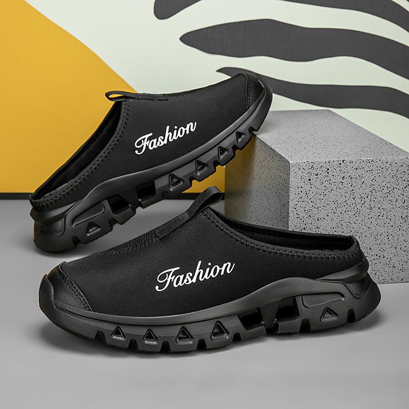 Black Mens Half Slippers Summer Breathable Mesh Mens Shoes Outdoor Casual Walking Shoes Large Size 46 Flat Light Mesh Sandals