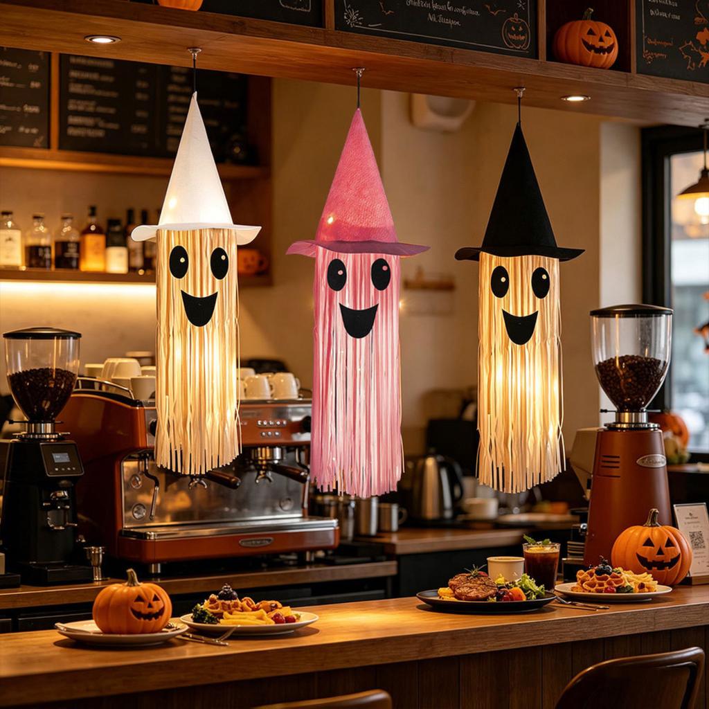 Halloween Light Up Smiling Ghost Hanging Decoration with Witch Hat Long Fringe Design for Indoor Outdoor Party Use