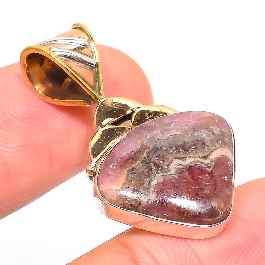 Pandantiv Rodocrozit Miere Naturală TwoTone Argint Sterling Masiv 925 1.50" P6h73