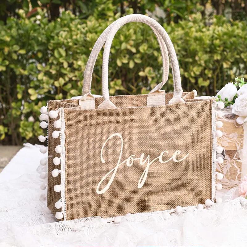 Personalized Gift Tote Bag for Bridesmaid Proposal Custom Burlap Bags with Fringed Wedding Bachelorette Party Bridal Shower Gift