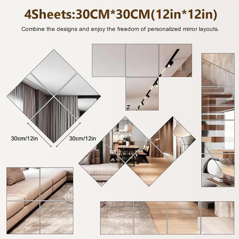 8 Stück 20X20Cm / 30X30Cm Acryl Flexible Spiegelfolien / Selbstklebende Türspiegel-Fliesen / Zuschneidbarer Wandmontierter Spiegel-Stic