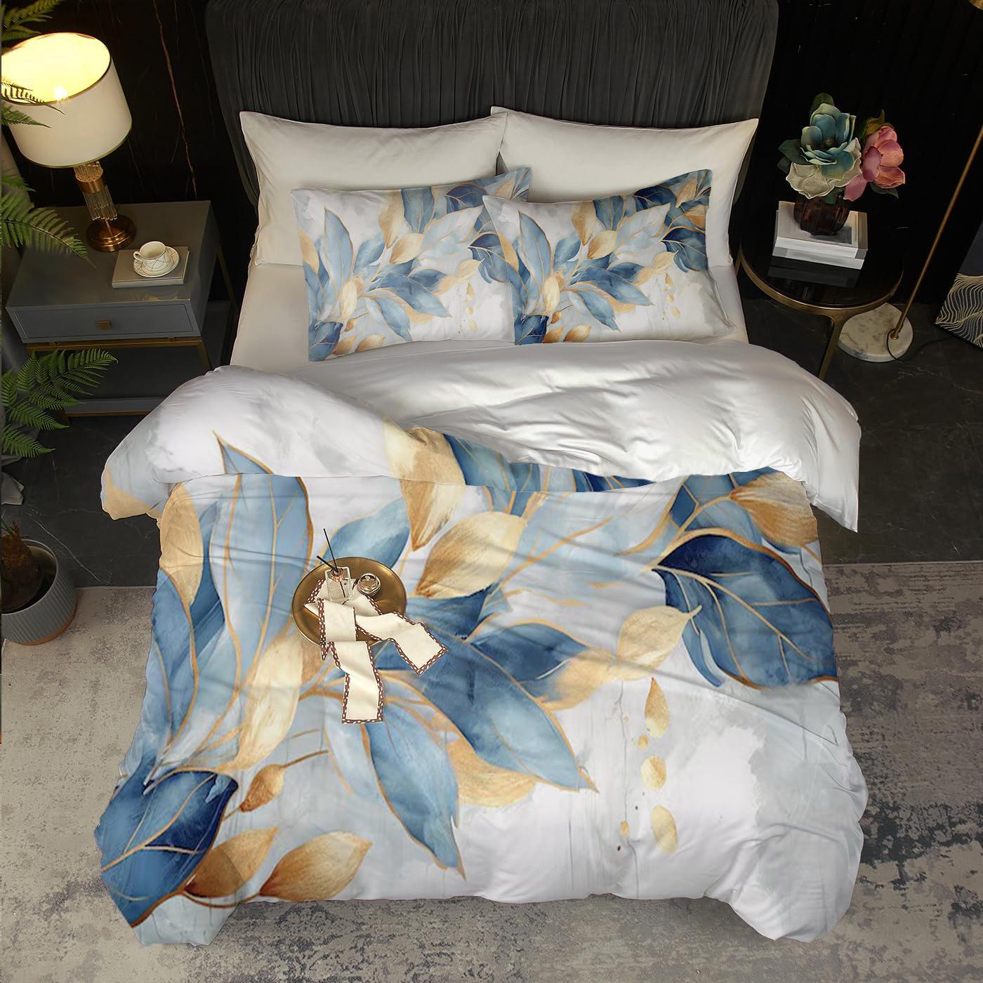 

Blue And Gold Leaf Pattern 3D Printed Down Duvet Cover Bedding Set Soft And Comfortable Luxurious Duvet Cover Pillowcase 135x200cm 2pcs