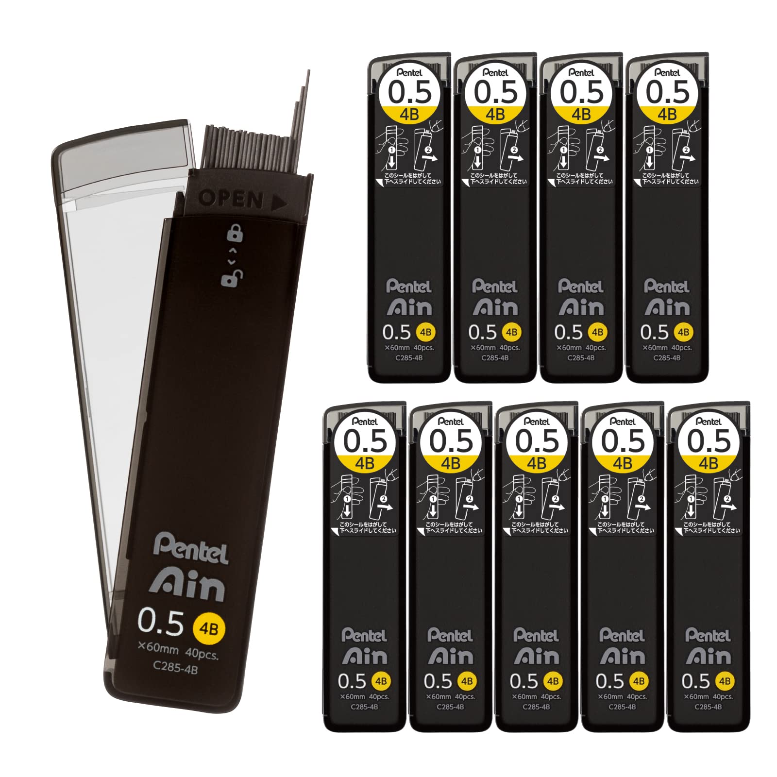Pentel Ein Mechanical Leads, 0.5mm, 4B, 10-Pack, C285-4B чёрный