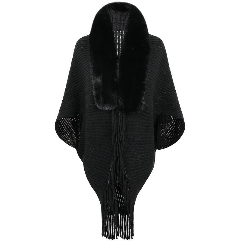 Poncho Châle Cape en Tricot avec Col en Fourrure et Franges pour Femme Vêtement d'Extérieur Chaud