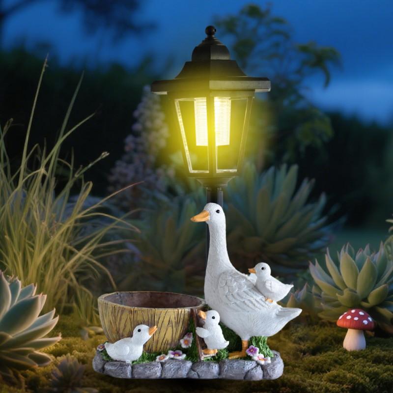 Solar Powered Resin Duck Planter Statue Outdoor Garden Light Decor Yard Patio Lawn Night Illumination
