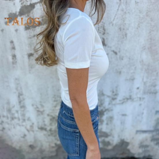 Dame T-skjorte O-hals Knapper Halv knepping Kort ermet T-skjorte Ensfarget Slim fit Pullovertopper Hverdagsbruk