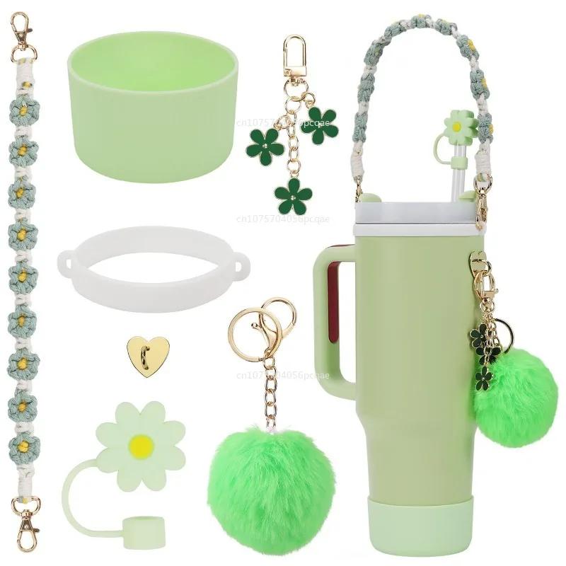 7Pcs /1Set for Cup Including Flower Straw Cover Cap for Straws Pom Chain and Silicone Boot for Cup Accessories