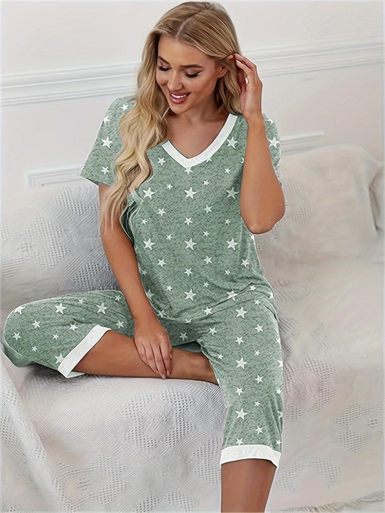 Damen Freizeit Pyjama Set mit Sternenprint - V-Ausschnitt Kurzarm Oberteil & Shorts mit Taschen, Polyester-Mischung, Perfekt für Frühling/Sommer, Pyjama mit entspannter Passform