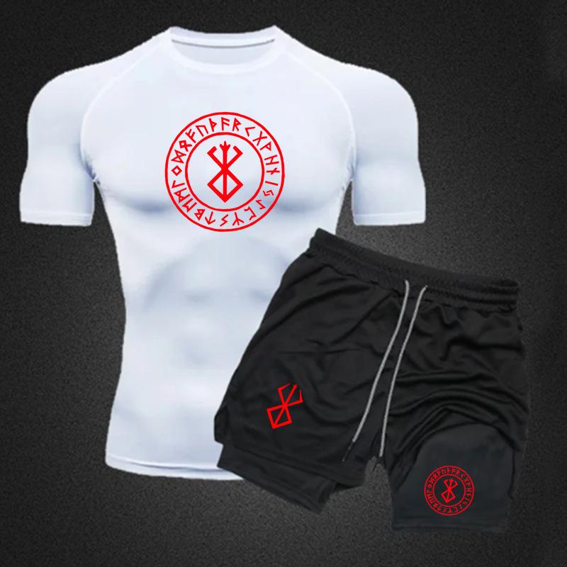 Men's Anime Double-Layer Quick-Dry Shorts & Tee Set for Outdoor Running & Fitness