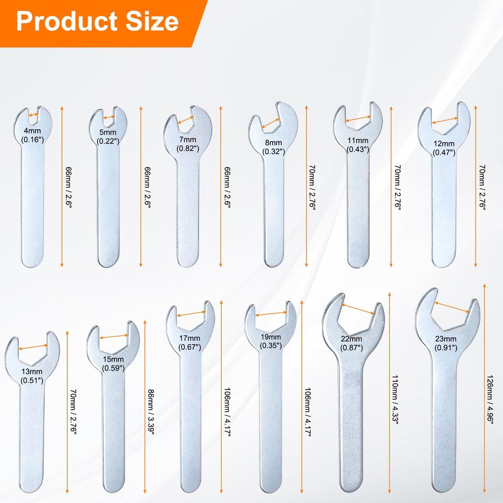 uxcell Open End Wrench 4/5.5/7/8/11/12/13/15/17/19/22/23mm Metric U-Shaped Single Open End Spanner Ultra Thin Small