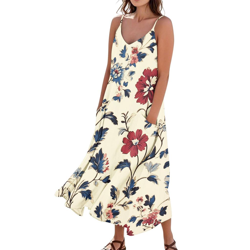 Women's Casual Tie- Floral Print Sleeveless Pocket Dress