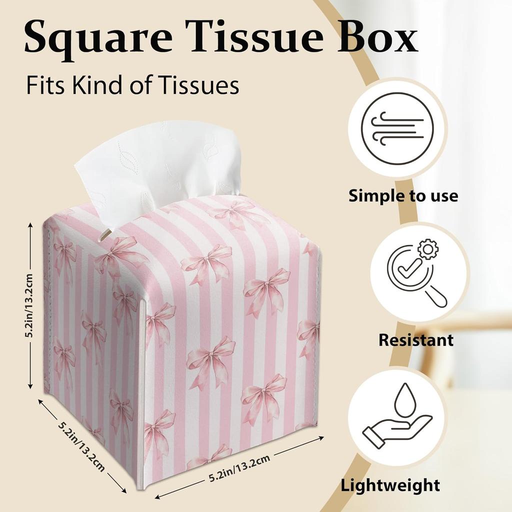 Pink Bow Stripes Tissue Box Cover, Cute Preppy Leather Tissue Box-Waterproof, Aesthetic Home Decor for Desktop Living Room Vanity Office, Gift Idea