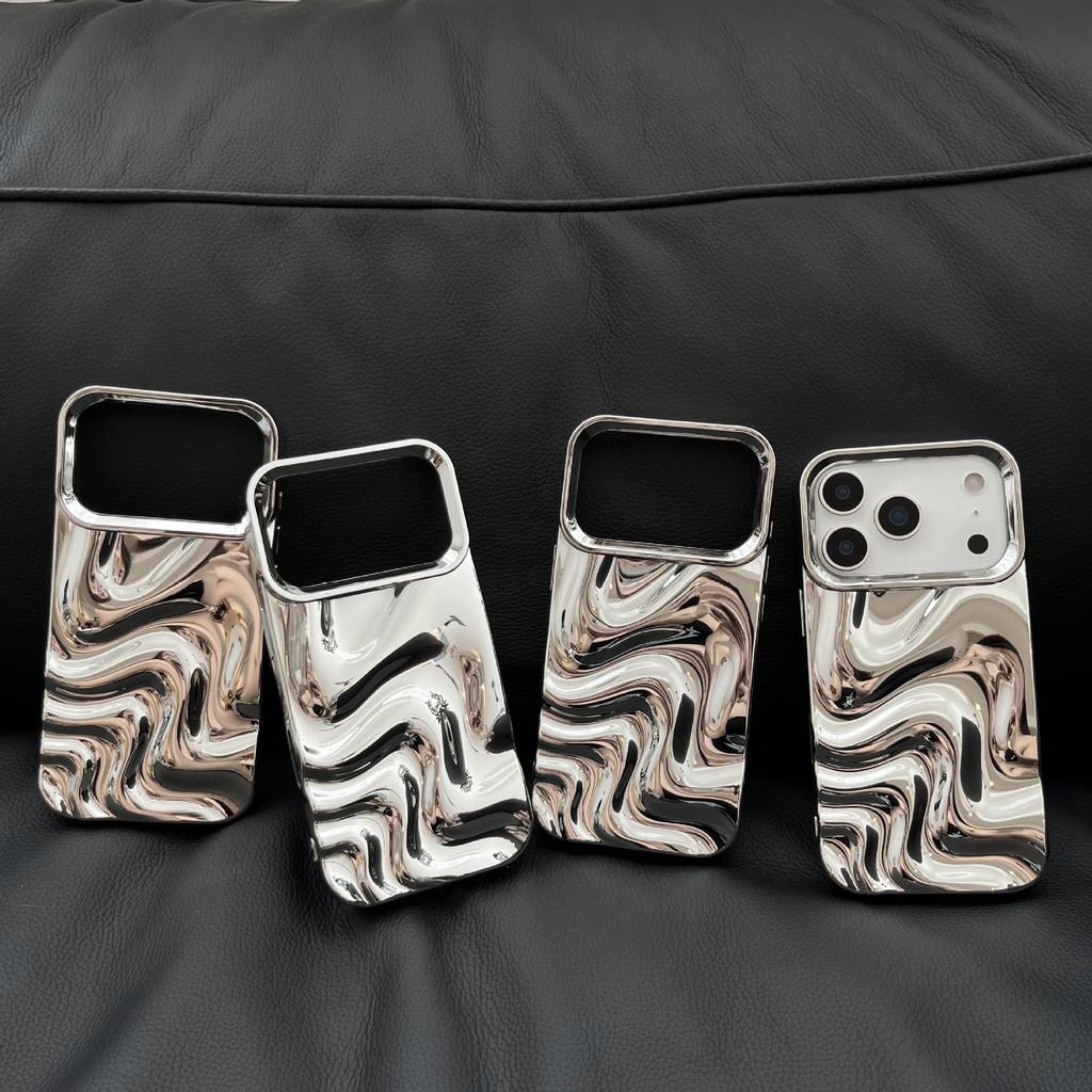 Premium Electroplated Silver Ripple Pattern Case for iPhone 14 Pro Max / 15 / 16 / 17 Pro